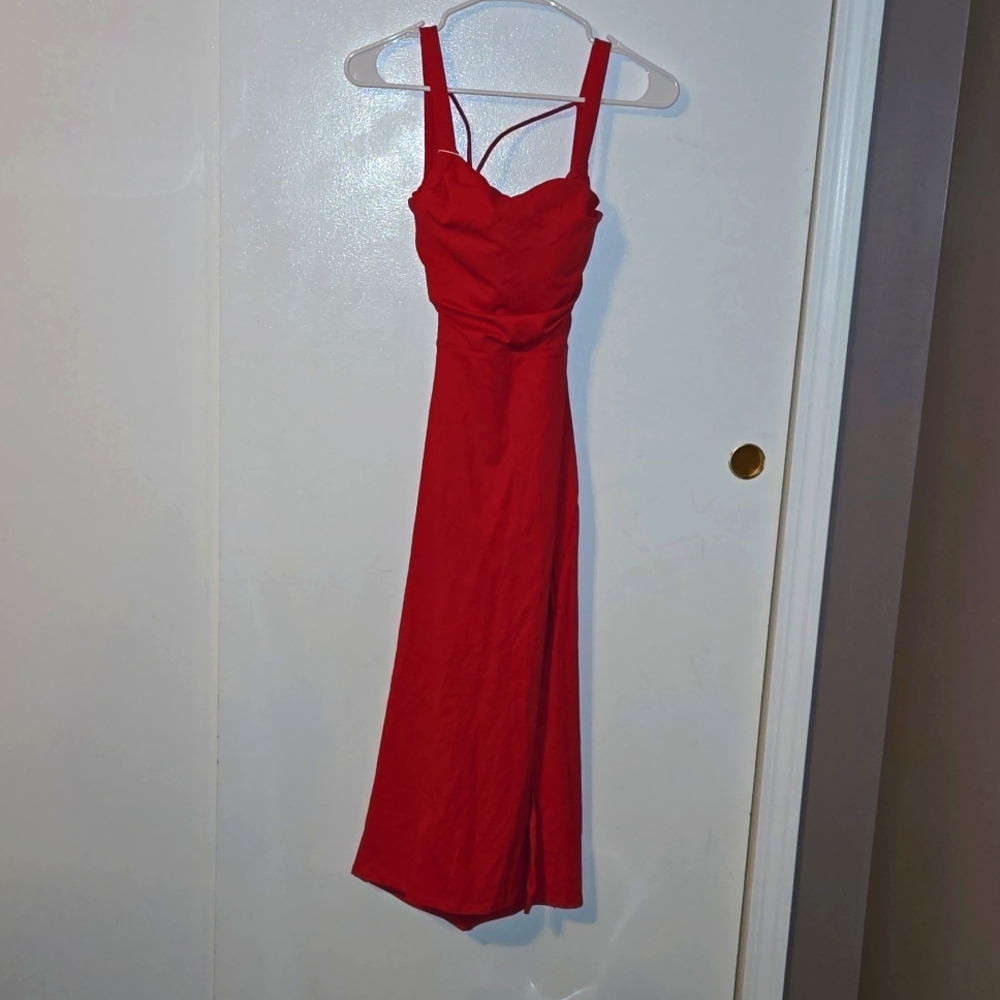 Halara Ruched Backless Crisscross Lace Up Split Bodycon Midi Casual Dress Red M